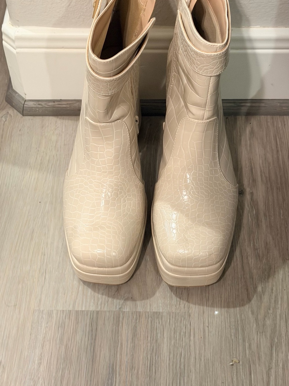 Cream Croc-Embossed Ankle Booties
